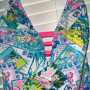 JASPEN SWIMSUIT Lilly Pulitzer Multi Pop Up WISH YOU WERE HERE EUC 14